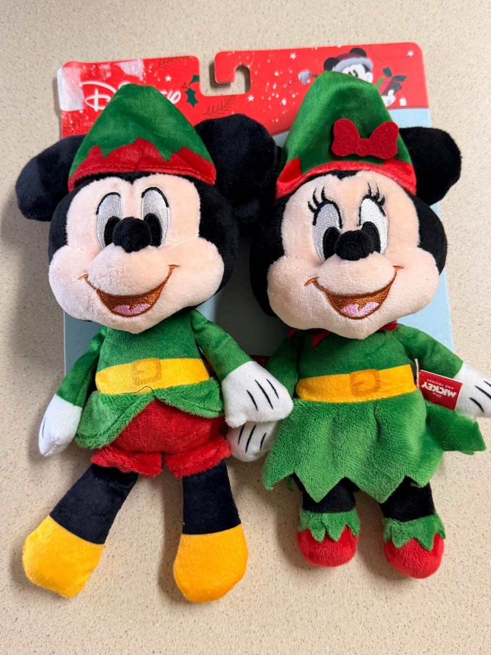 Disney Mickey & Minnie Holiday Elf Plush Duo - Green, Red, Yellow, Black